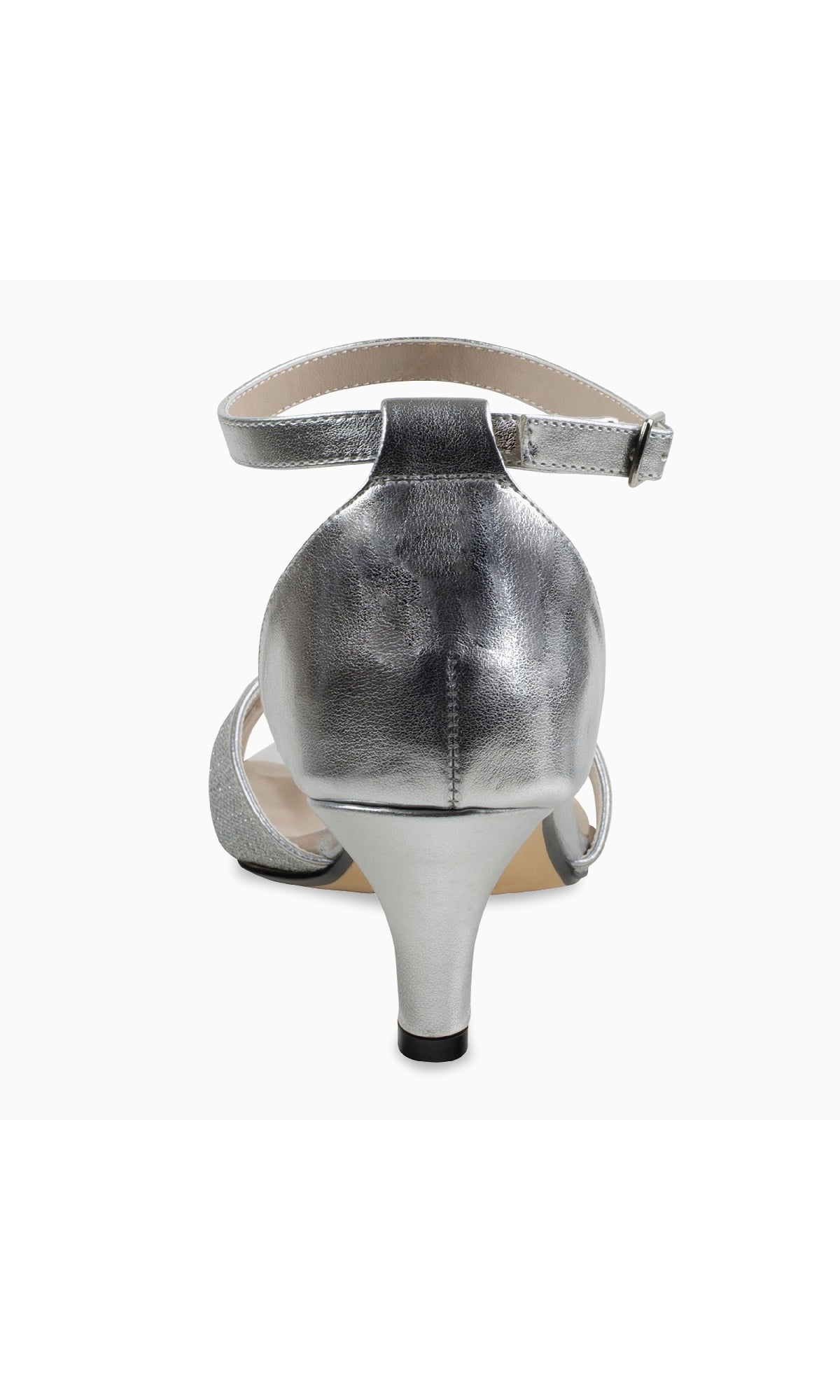 Back view of Clementine Silver Glitter Prom Shoes (Touch Ups 4613) featuring an ankle strap and moderate kitten heel, displayed against a white background.